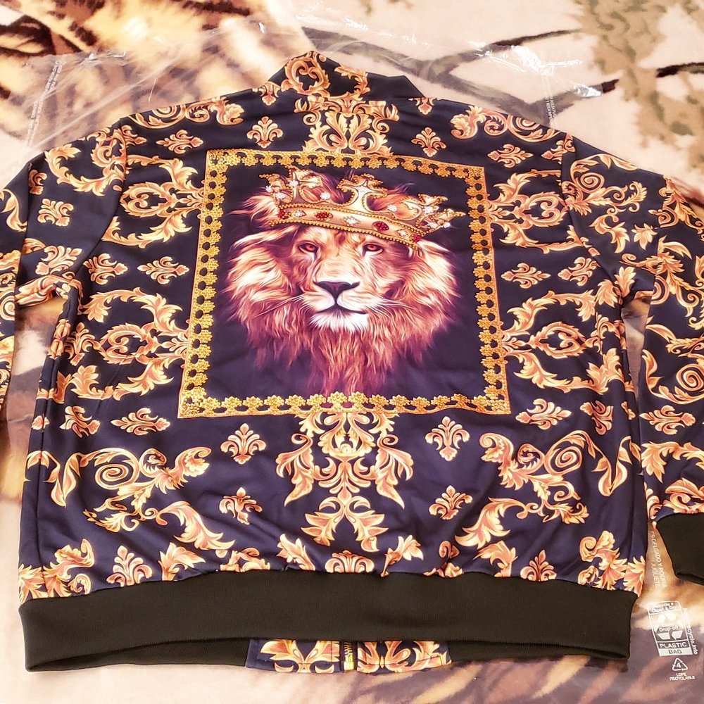 Victorious Jeweled Bling Lion King Zip Up Track Jacket Men's Large NWT